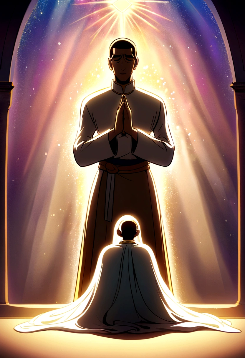 João kneeling by his bedside, praying fervently. A soft light shines around him, indicating a divine presence. The scene captures the sincerity and desperation of João's prayer, with vibrant colors and a Disney animation style.