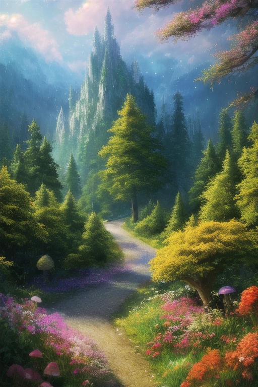 masterpiece, 最high quality, high quality,Very detailed CG unity 8k wallpaper, Enchanting and dreamy fantasy forest scenery, Towering Tree々with, Glowing Mushroom, hidden fairy valley, Creates a sense of mystery and fascination, artステーション, Digital Illustration, Complex, trend, pastel colour, oil, Award-winning photography, Bokeh, Depth of written boundary, High resolution, bloom, chromatic aberration ,Realistic,Very detailed, trend on artステーション, trend on CGsociety, Complex, High detail, dramatic, art:Mid Journey
