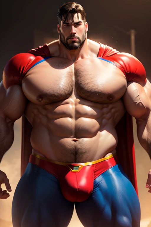 The Big show as superman with enormous muscles, wide huge pectorals dressed as a superman, hairy chest, full body, abnormal, oversizing crotch bulging crotch, 
