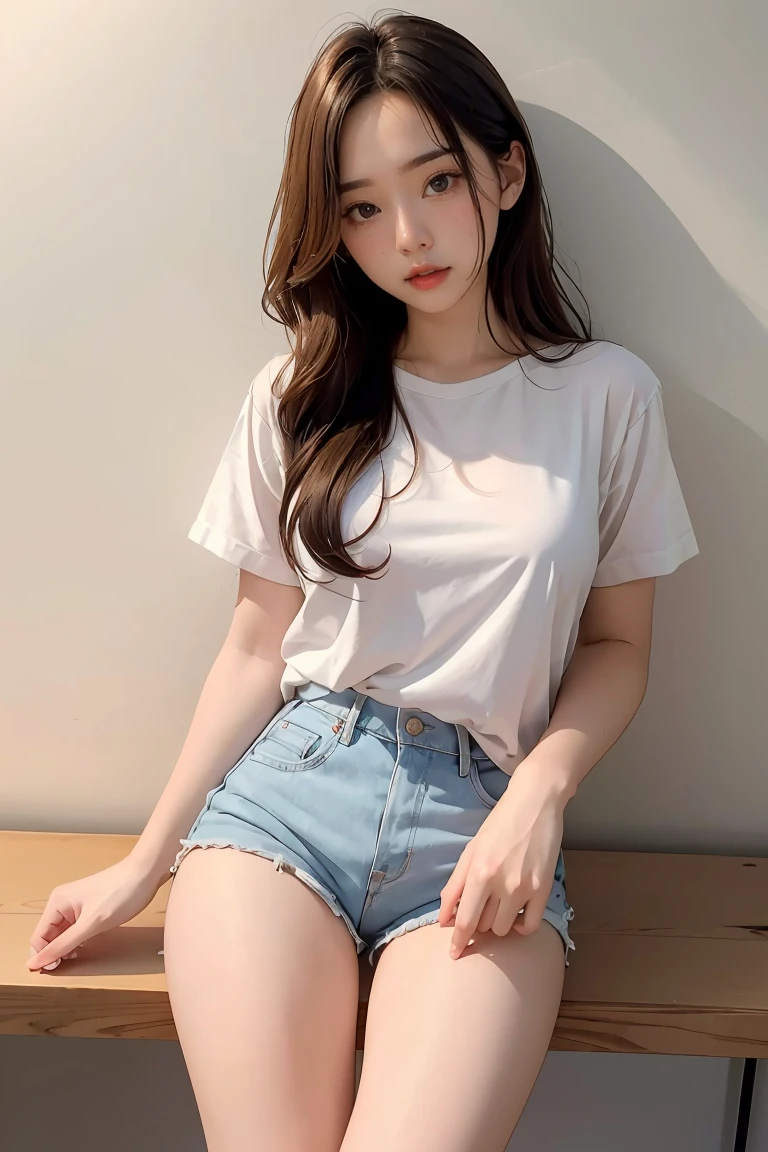 Realistic, high resolution, 1 girl, white wavy hair, Korean, heterochromic eyes, small moles under the eyes, loose white shirt, skinny denim shorts, large breasts, thighs, panties visible Masterpiece, realism