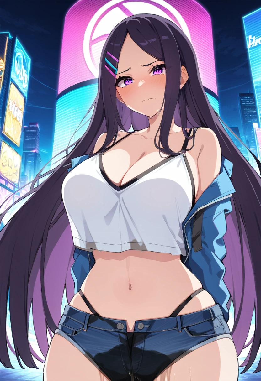 (masterpiece:1.37), best quality, (extremely detailed:1.37), woman, (mature:1.5), (adult:1.5), large breasts, very long hair, (straight hair:1.5), dark purple hair, purple eyes, (extremely detailed eyes:1.37), crop top, cleavage, navel, jeans, desperation, (wetting self:1.5), standing, embarrassed, humiliation, blushing, angry, city, futuristic, neon lighting, high-tech, street