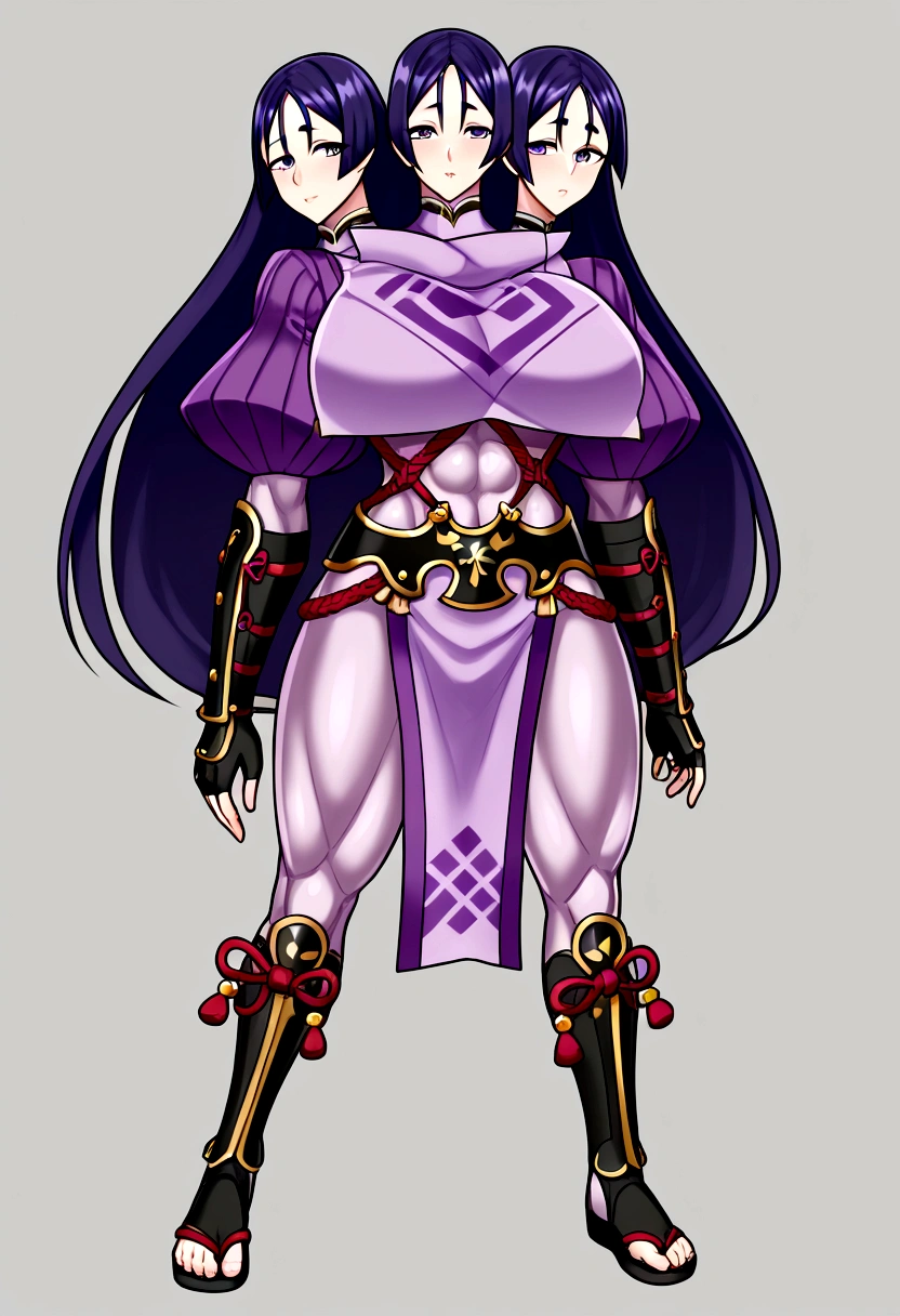 (masterpiece, best quality), best resolution, (3heads:1.5), 1girl, Raikou femboy, parted bangs, purple eyes, purple hair, long hair, hime cut, forehead, arm guards, armor, black gloves, bodysuit, fingerless gloves, gloves, japanese armor, kote, loincloth, purple bodysuit, ribbed sleeves, tabard, toned, gigantic muscular body, 4 arms, full body.