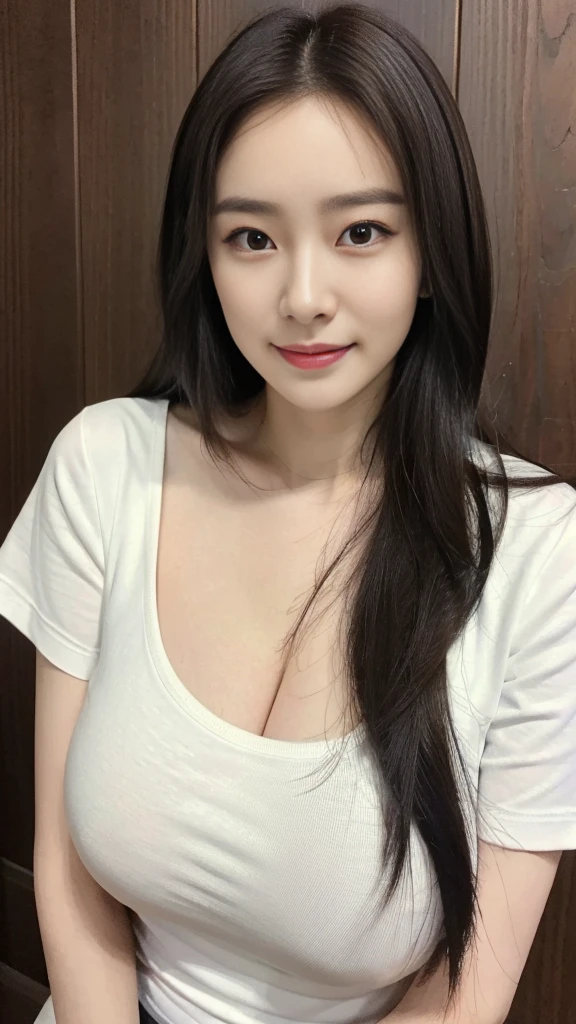 ((best quality, 8K, masterpiece, Clear focus )), 18 years old young Korean girl, ((Dark brown long hair, Huge breasts :1.3)), Slim abdominal muscles :1.5,((Low-cut round neck tight short T-shirt :1.6,Cut-out chest top) ), (Wooden wall background :1.2), Highly detailed face and skin textures, Delicate eyes, Double eyelids, Toothy smile,sweet,cute,collagen,cosmetic,Focus on the chest