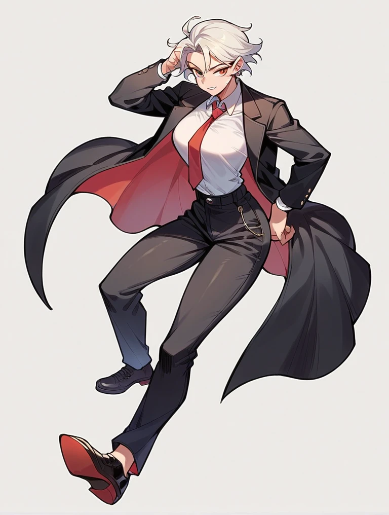 A woman wearing a black suit, red tie, long black pants, and leather shoes 