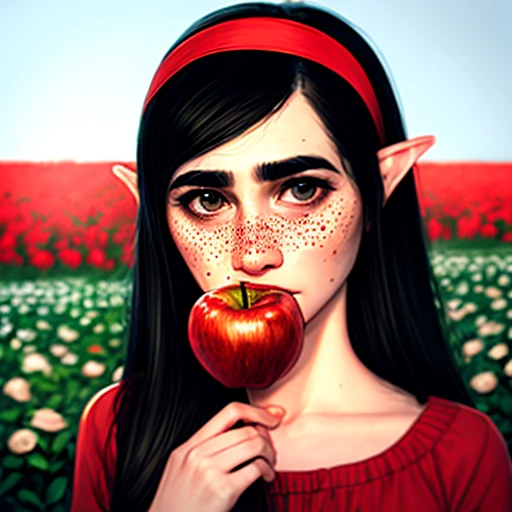 beautiful princess, highly detailed, brushstrokes, girl eating apple in field of roses, red, black, white, long black hair, bangs, unibrow, thick eyebrows, freckles, big nose, aquiline nose, hairband, dress, stripes, big ears, girl, rosy cheeks, red lips,girl eating apple in field of roses, red, black, white, long black hair, bangs, unibrow, thick eyebrows, freckles, big nose, aquiline nose, hairband, dress, stripes, big ears, girl, rosy cheeks, red lips,stallintheunicow
