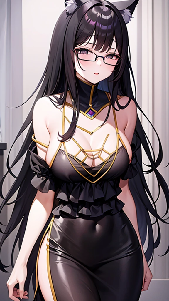 A 20-year-old cat girl with long black hair, gray eyes, bust, wears glasses, and a thigh-length black evening dress.