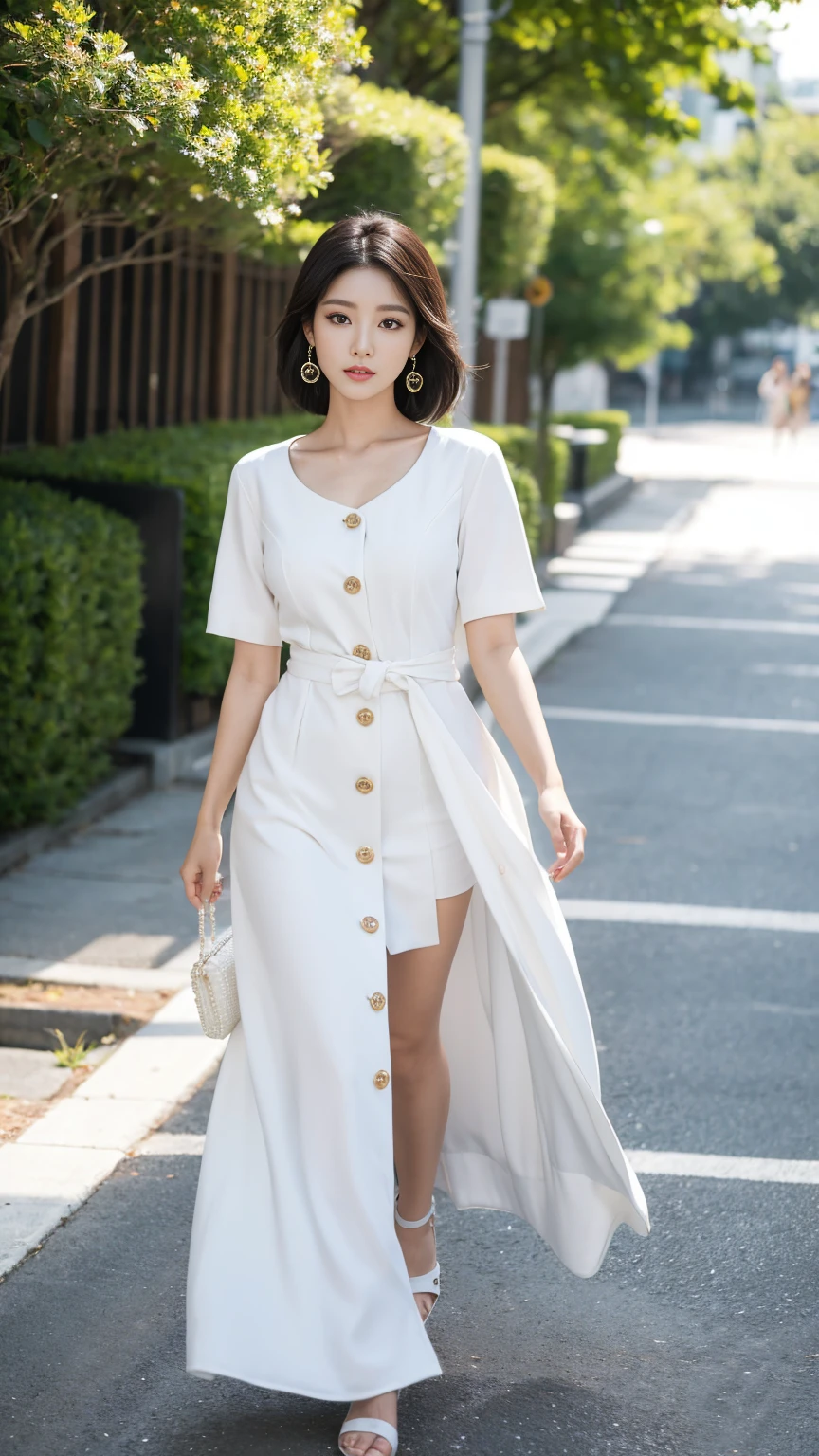 mulher coreana muito linda, rosto perfeito, cabelo bem curto cacheado loira, she is walking on a fashion catwalk in an elegant all-white designer dress with pearl buttons, usa brincos, she is being photographed,summer