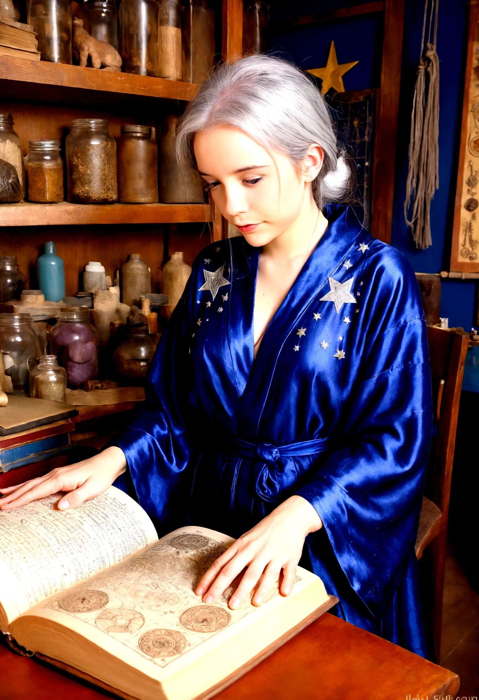 A cute young woman (gray haired) (mystical robes with intricate star designs) is in her workshop with many star observation tools and a huge tome of astrological signs before her
