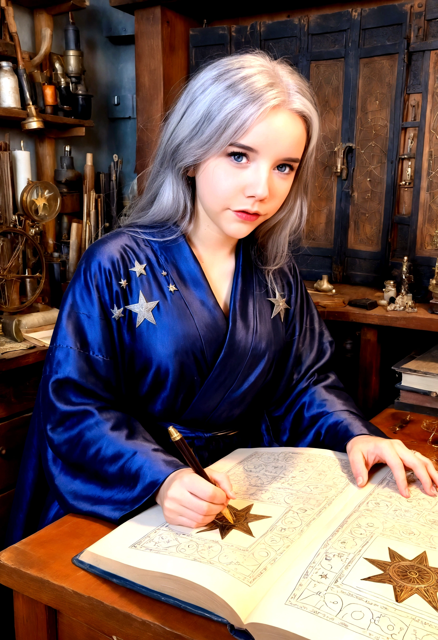 A cute young woman (gray haired) (mystical robes with intricate star designs) is in her workshop with many star observation tools and a huge tome of astrological signs before her