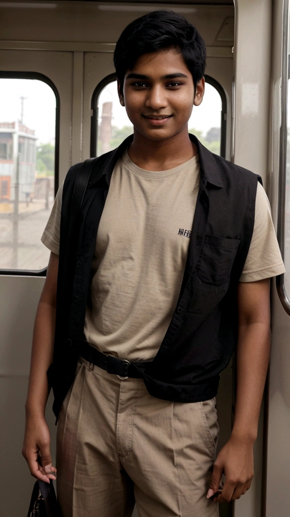 a 17 years old Indian bihari boy, short black hair, wearing Edge Square Brown Shirt & pant, he stand in Indian train, looking outside of train , cute smile, a bag on his black, ray tracing, backlighting, modern, 1080P, HD, 4K, 8k, 16k, high quality, best quality, highres