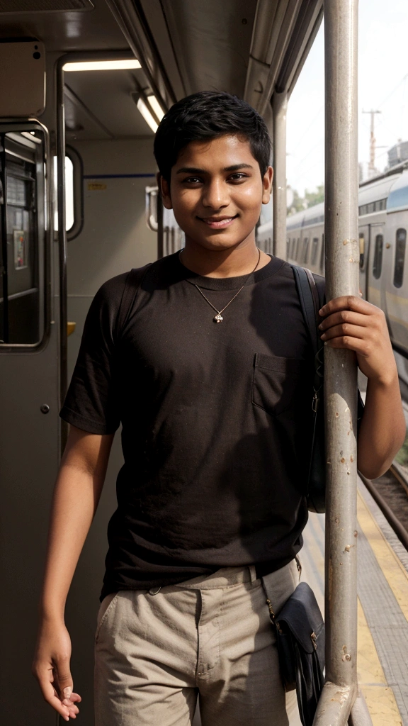 a 17 years old Indian bihari boy, short black hair, wearing Edge Square Brown Shirt & pant, he stand in Indian train, looking outside of train , cute smile, a bag on his black, ray tracing, backlighting, modern, 1080P, HD, 4K, 8k, 16k, high quality, best quality, highres