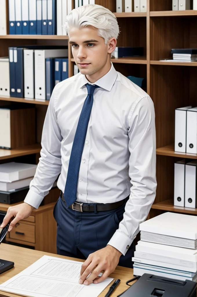 White haired boy doing office stuff