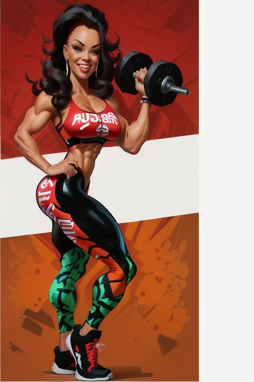 8K, cartoon of a woman with a dumbble and a red and white background, in cartoon style, full color digital illustration, cartoon artstyle, bodybuilding woman, cartoon style illustration, cartoon digital art, ifbb fitness body, fit girl, cartoon illustration, by Viktor Oliva, full color illustration, by Tadeusz Pruszkówski