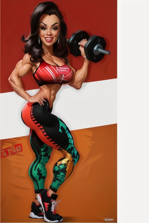8K, cartoon of a woman with a dumbble and a red and white background, in cartoon style, full color digital illustration, cartoon artstyle, bodybuilding woman, cartoon style illustration, cartoon digital art, ifbb fitness body, fit girl, cartoon illustration, by Viktor Oliva, full color illustration, by Tadeusz Pruszkówski