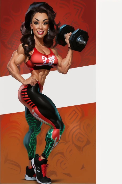 8K, cartoon of a woman with a dumbble and a red and white background, in cartoon style, full color digital illustration, cartoon artstyle, bodybuilding woman, cartoon style illustration, cartoon digital art, ifbb fitness body, fit girl, cartoon illustration, by Viktor Oliva, full color illustration, by Tadeusz Pruszkówski