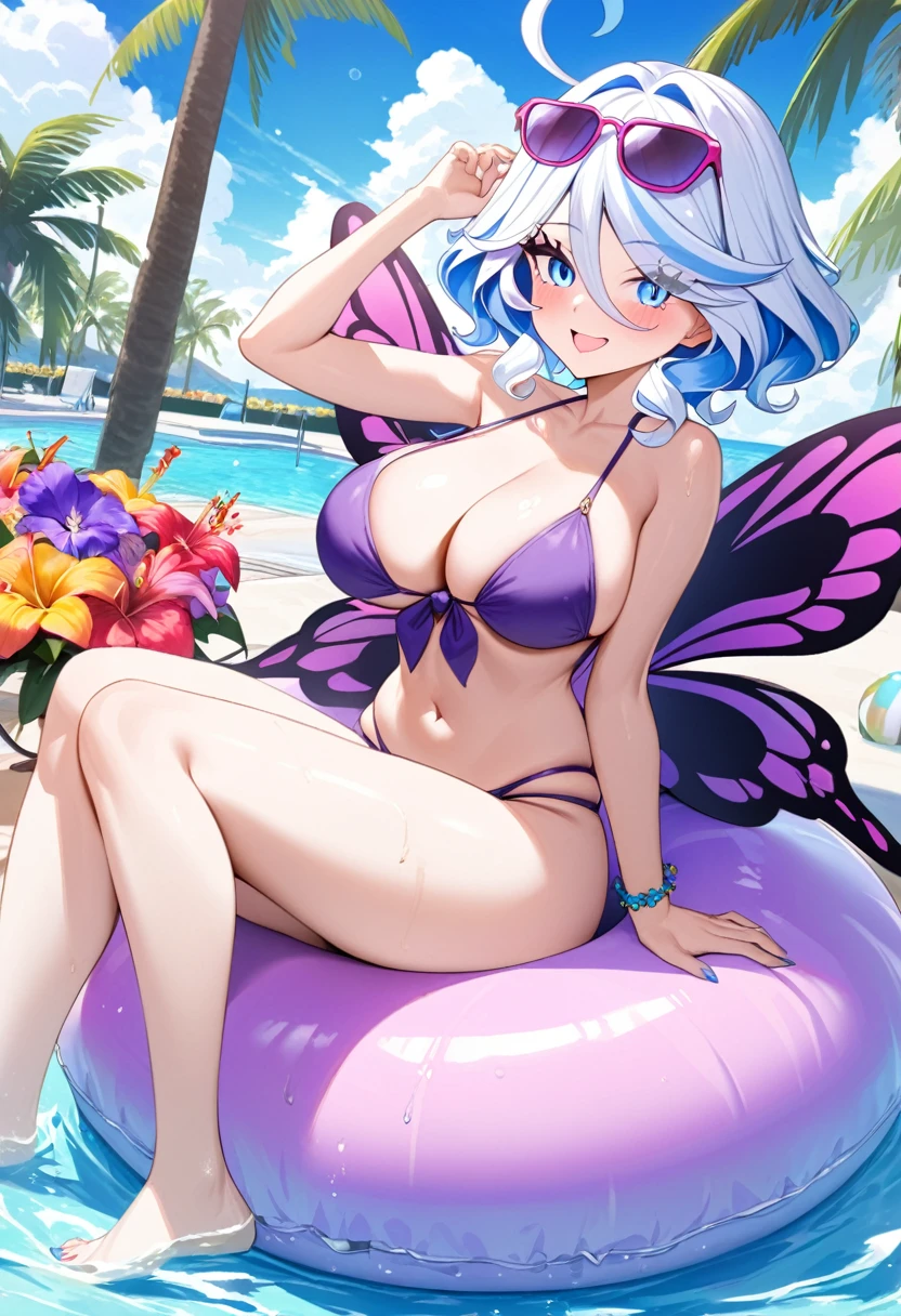 best aesthetic, Furina, 1girl, solo, breasts, looking at viewer, smile, bangs, very large breasts, really huge butt, big butt, swimsuit, cleavage, pink lipstick, kiss marks, outdoors, sky, day, bikini, cloud, tree, water, pedal, blue sky, purple bikini, pink pool float, inflatable butterfly wings, beach ball, sunglasses, palm tree, beachball, beach umbrella, ocean waves, a beautiful young woman wearing a purple bikini and, lounging on a pool float in a sparkling blue pool. She is surrounded by tropical flowers and palm trees, and the scene is set against a backdrop of a bright blue sky with fluffy white clouds. The woman's pose is sexy and seductive as she floats in the pool, enjoying the sunshine. The colorful flowers, pool float, and her bold purple bikini all contribute to the fun, summery vibe. The overall atmosphere is cheerful and lighthearted, capturing the essence of a perfect poolside day.