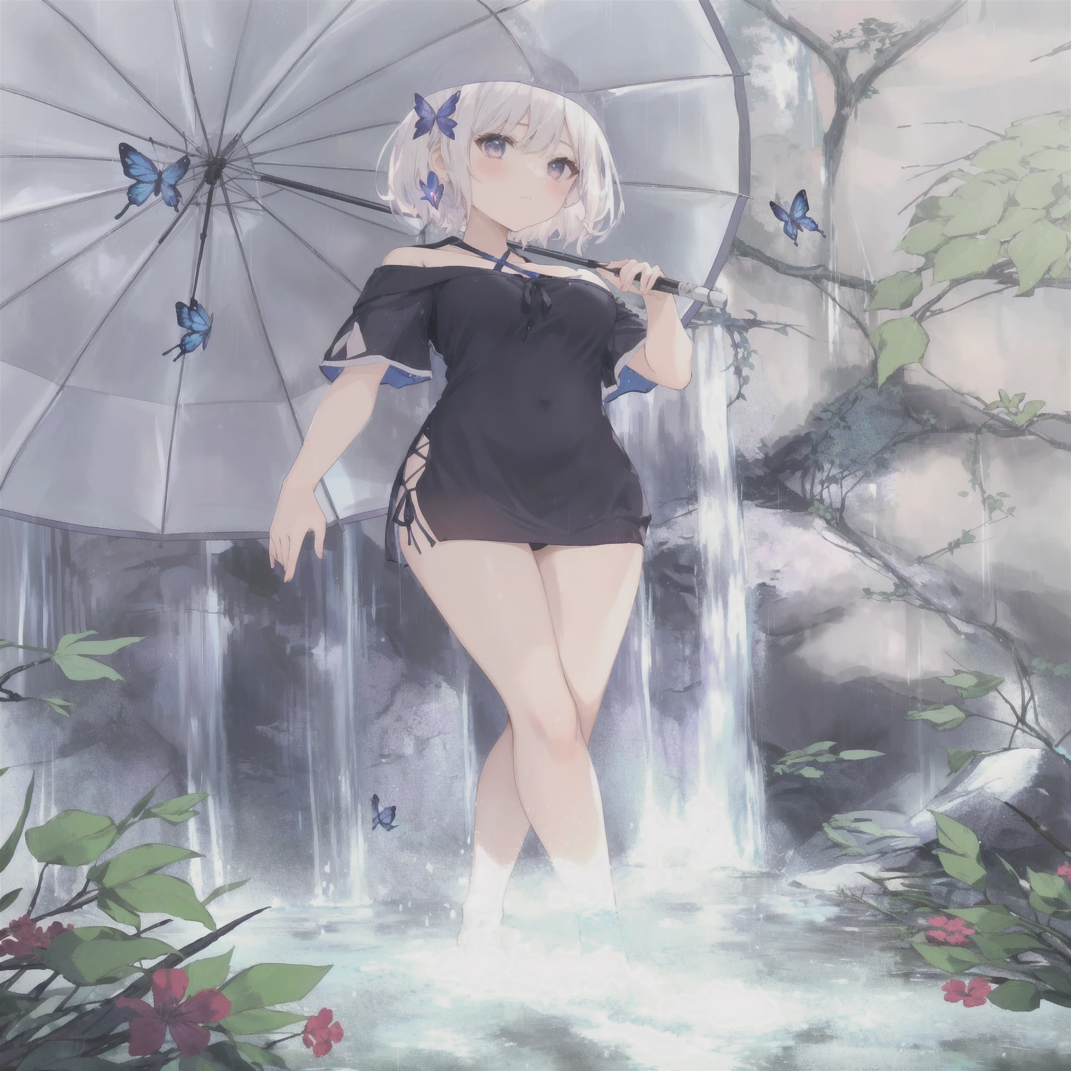 anime girl in a black dress standing in front of a waterfall, full body portrait of a short!, raining!, summer rain, raining!!, in the rain, anime girl walking on water, raining, rain!!!!, delicate rain, official fanart, zerochan art, under rain, made with anime painter studio, next to a waterfall, raining!!!,  in dress, short dress, butterfly hair ornament, bikini under clothes, blue bikini, side-tie bikini, holding umbrella, serious looking at viewer, looking down, short hair, medium breasts, soaking feet, off shoulder, plants, red flower, nature ambient, day light, from bellow