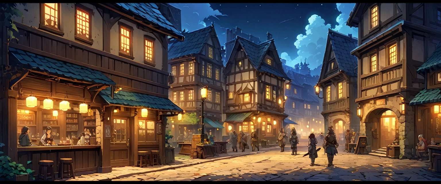 town,欧洲中世纪的town,Different world,奇幻世界的town,Pub、hotel,Traveler,Adventurer,There are all kinds of people。night,Night view。Mid-ground composition,Panorama pictures,Scene screen,Game concept art style,Anime illustration style,HD,4K。