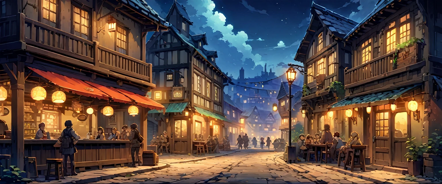 town，欧洲中世纪的town，Different world，奇幻世界的town，Pub、hotel，Traveler，Adventurer，There are all kinds of people。night，Night view。Mid-ground composition，Panorama pictures，Scene screen，Game concept art style，Anime illustration style，HD，4K。