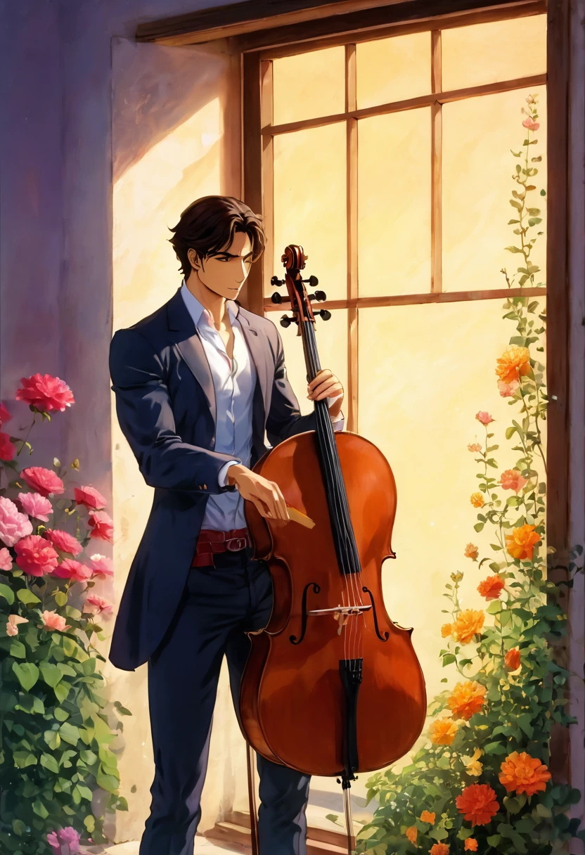 In anime Art Style, a latin sad man watches from the window of his dark room, to a young man manly, muscular, slender, strong, radiant, beautiful, athletic and harmonious body, you play the cello from whose strings come notes of various colors that disperse in the garden of flowers filling everything with light
