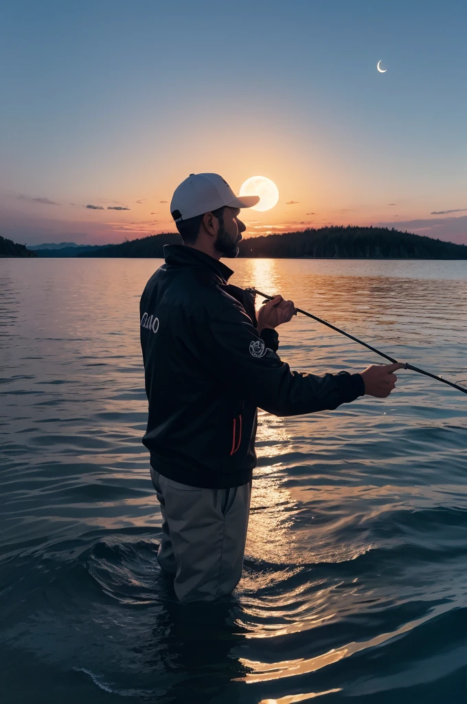 Man looking at the waning moon while fishing