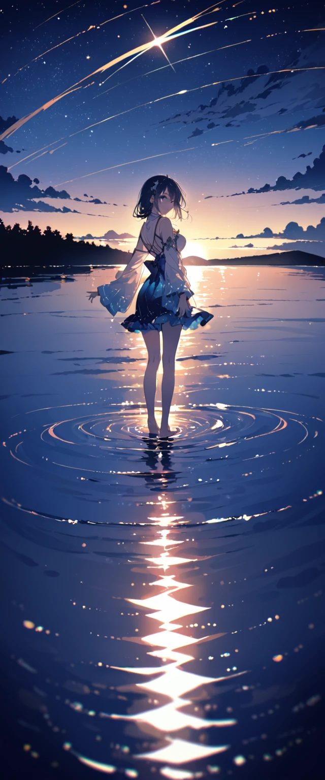 (close up:1.4)、(RAW photos:1.2)、(Reality:1.4)、(masterpiece:1.3)、(best quality:1.4)、Japanese Girls、(Night view:1.2)、Thin clothes、pretty girl、Put one foot in the sea、Stand on tiptoe、landscape、Between the horizon and the sea、Side View、Ripples spread from the toes、Stand about 20 meters away、on the sea、The whole scene is shining、illumination、