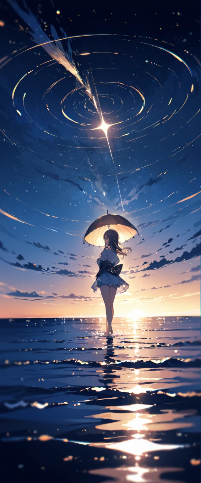 (close up:1.4)、(RAW photos:1.2)、(Reality:1.4)、(masterpiece:1.3)、(best quality:1.4)、Japanese Girls、(Night view:1.2)、Thin clothes、pretty girl、Put one foot in the sea、Stand on tiptoe、landscape、Between the horizon and the sea、Side View、Ripples spread from the toes、Stand about 20 meters away、on the sea、The whole scene is shining、illumination、