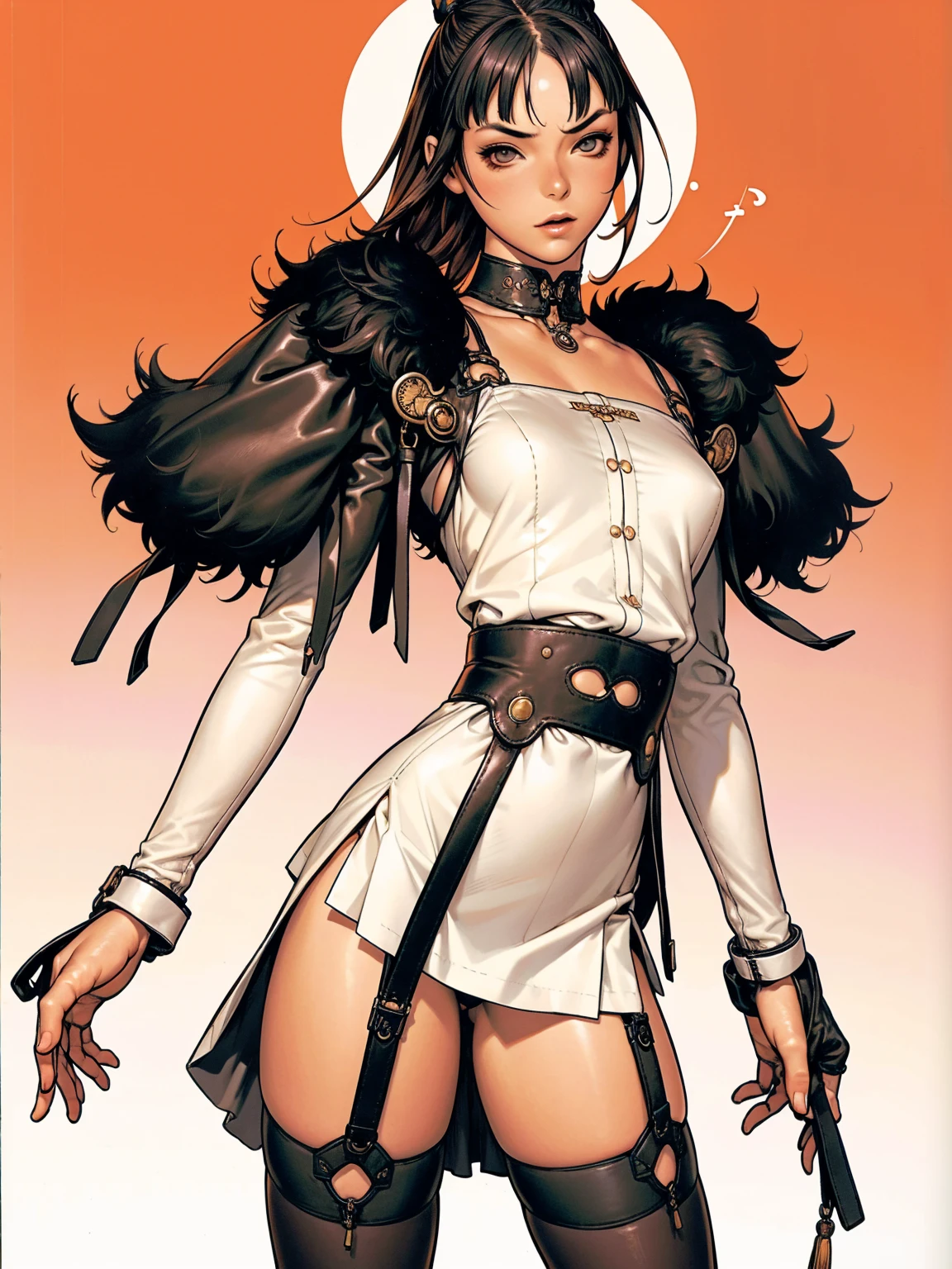 (((garter belt with stockings 3/4))), 1 girl, (((standing alone))), pirralha violent, (((full of leather straps wrapped around the arms))), 14歳, sexly, pose de atitude, work of art, post-apocalypse, (((manga style))), bounty hunter, violent, Manic, the way you want, slenderbody, thin but strong, perfectbody, roupa moderna, holding a samurai sword, messy bob hair, colored hair, (((best qualityer))), Mini skirt with pleats or short shorts with a checkered print in red and black, fur collar jacket, sleeves with vertical striped pattern, neutral background, (( cowboy shot )). intricate visual, Base Shiori, split color hair, hair ornament, choker, black dress with white ribbon, Black jacke, waist belt, asymmetrical pants, shinkiro art style, Masamune Shirow