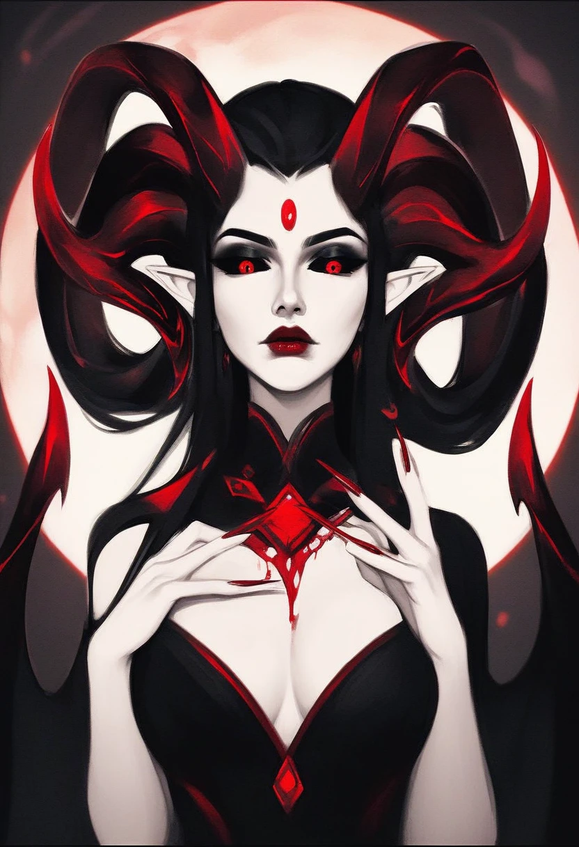 score_9, score_8_up, score_7_up, solo, a gorgeous japanese girl, ominous, beautiful face, beautiful features, glowing bright red eyes, red pupils, seductive stare, huge demon horns, adorned horns, black sclera, pale skin, black eyeshadow, thick red eyeliner, red lipstick, thick eyelashes, beautiful black hair, bloody hands, dark red gemstone in forehead, dark red jewelry, wearing a black kimono, long red fingernails, black background, red linework around the character, thick line art, large glowing moon behind the character, drapery dress, dark red cloak, looking down at the viewer, cowboy shot expressiveh d4rk01l