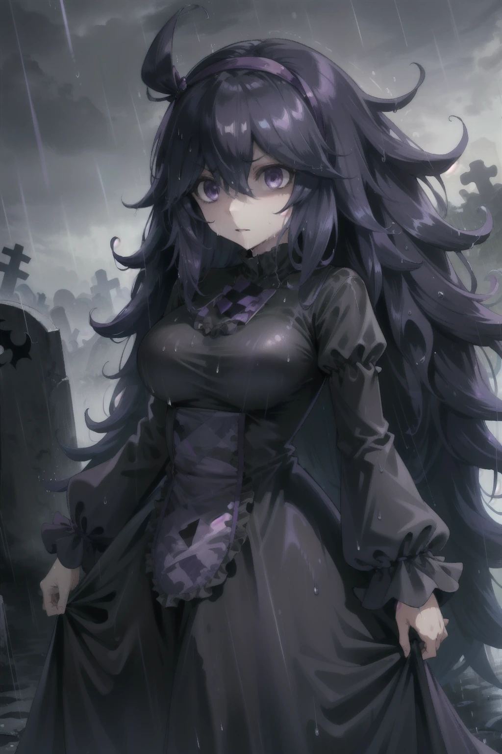 (masterpiece, best quality),  intricate details,
1girl,     (hex maniac:1.5), hairband, messy hair, (purple eyes:1.1), purple hair, purple hairband, @ @,, black dress, dress, long dress, long sleeves, juliet sleeves,
outdoors, rain, graveyard, wet clothes, wet hair,