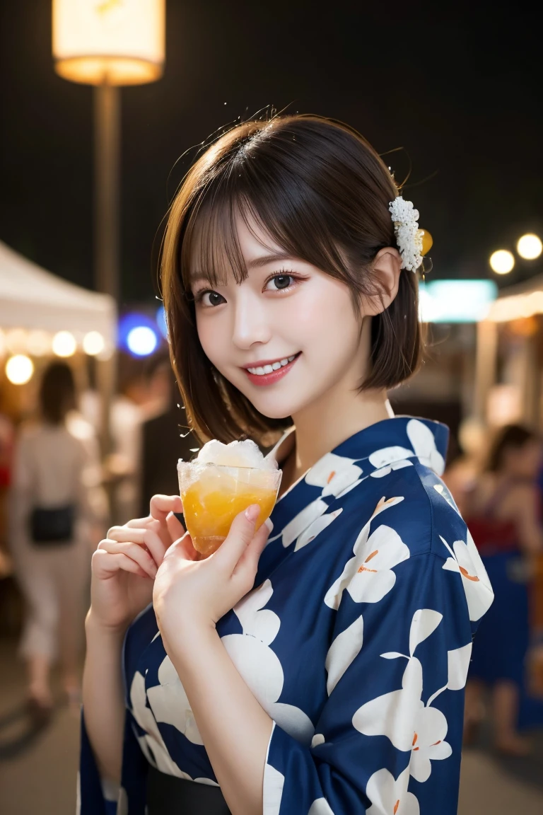 Summer festival stalls night , Highest quality, shape, Very detailed, In detail, High resolution, 8k wallpaper, Perfect dynamic composition, Beautiful details, Natural Lip, Cute yukata, Big Breasts, She is smiling and posing cutely with shaved ice.., A masterpiece of the whole body, Full Body Shot