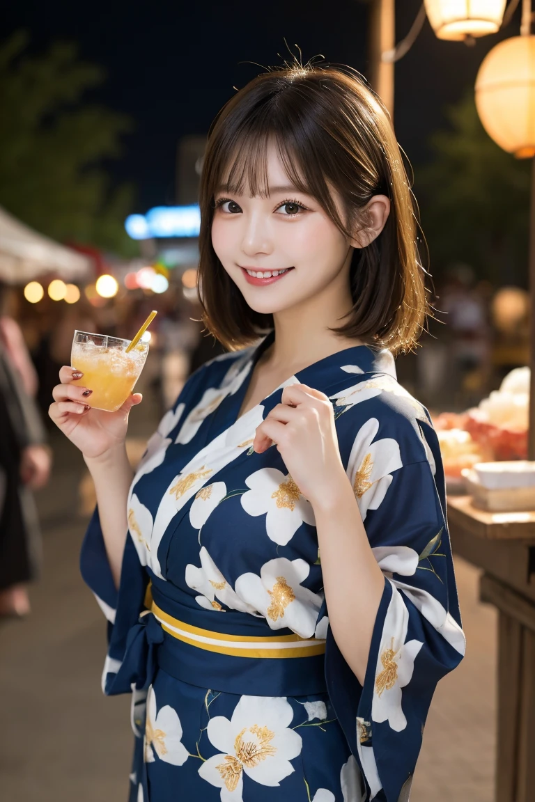 Summer festival stalls night , Highest quality, shape, Very detailed, In detail, High resolution, 8k wallpaper, Perfect dynamic composition, Beautiful details, Natural Lip, Cute yukata, Big Breasts, She is smiling and posing cutely with shaved ice.., A masterpiece of the whole body, Full Body Shot