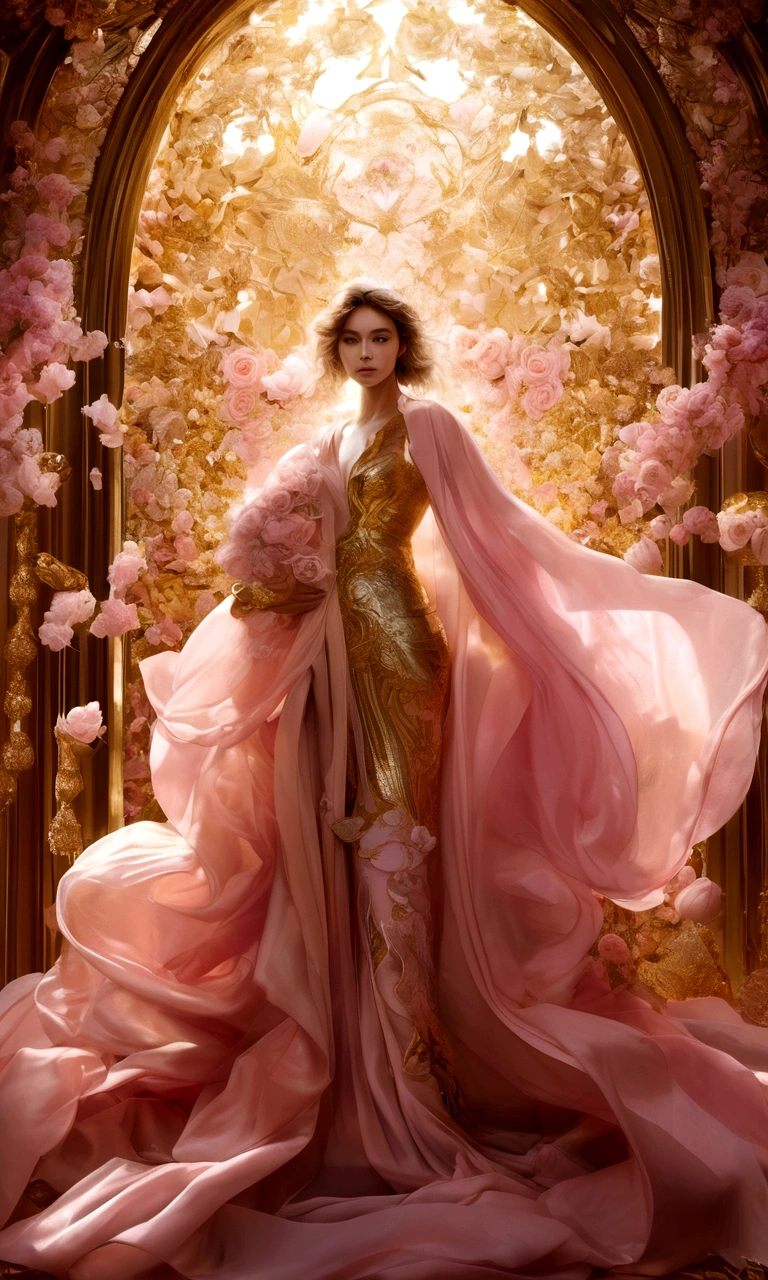 In the center of the picture, there is a cocoon wrapped in layers of golden and pink silk ribbons.;dream,mystery;Big scene;golden pink tone。