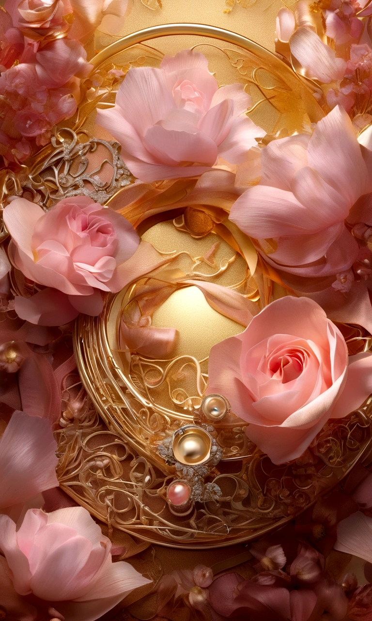 In the center of the picture, there is a cocoon wrapped in layers of golden and pink silk ribbons.;dream,mystery;Big scene;golden pink tone。