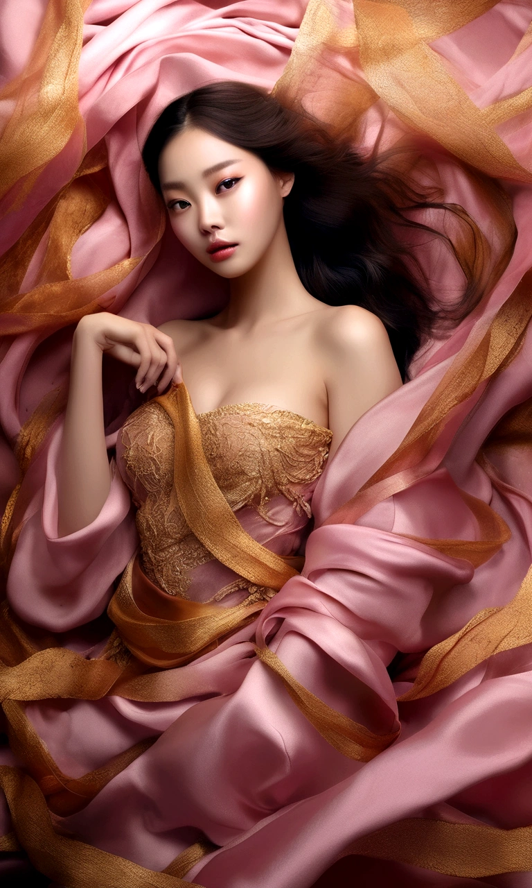 In the center of the picture, there is a cocoon wrapped in layers of golden and pink silk ribbons.；dream，mystery；Big scene；golden pink tone。