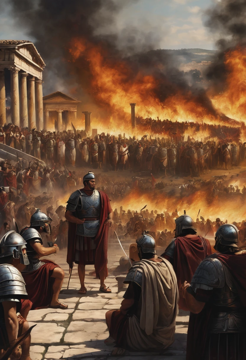 "A detailed image of Roman citizens, distressed and desperate, watching their homes burn. Crassus is approaching them with a proposal, holding a scroll and a pen, offering a deal."
Size: "1024x1024"