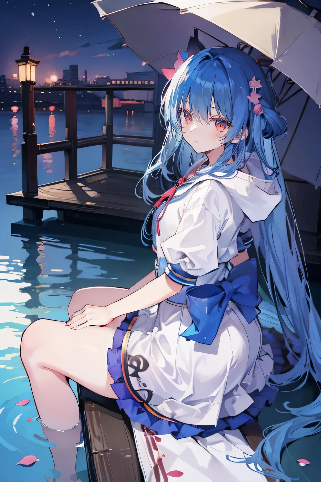 (masterpiece:1.2),Super detailed,lifelike,Expressive eyes,fair skin,perfect face shape,1 girl,
Japanese comics,Gorgeous blue hair,flowing blue hair,flowing clothes,Petals fall,beautiful lola,Baby Angel,
Shaking head with one hand,Cross your legs,Gentle and peaceful background,The pavilion is cool and comfortable,smile, wearing hoodie, background of tokyo,back views,snowing, winter,lie on the water.