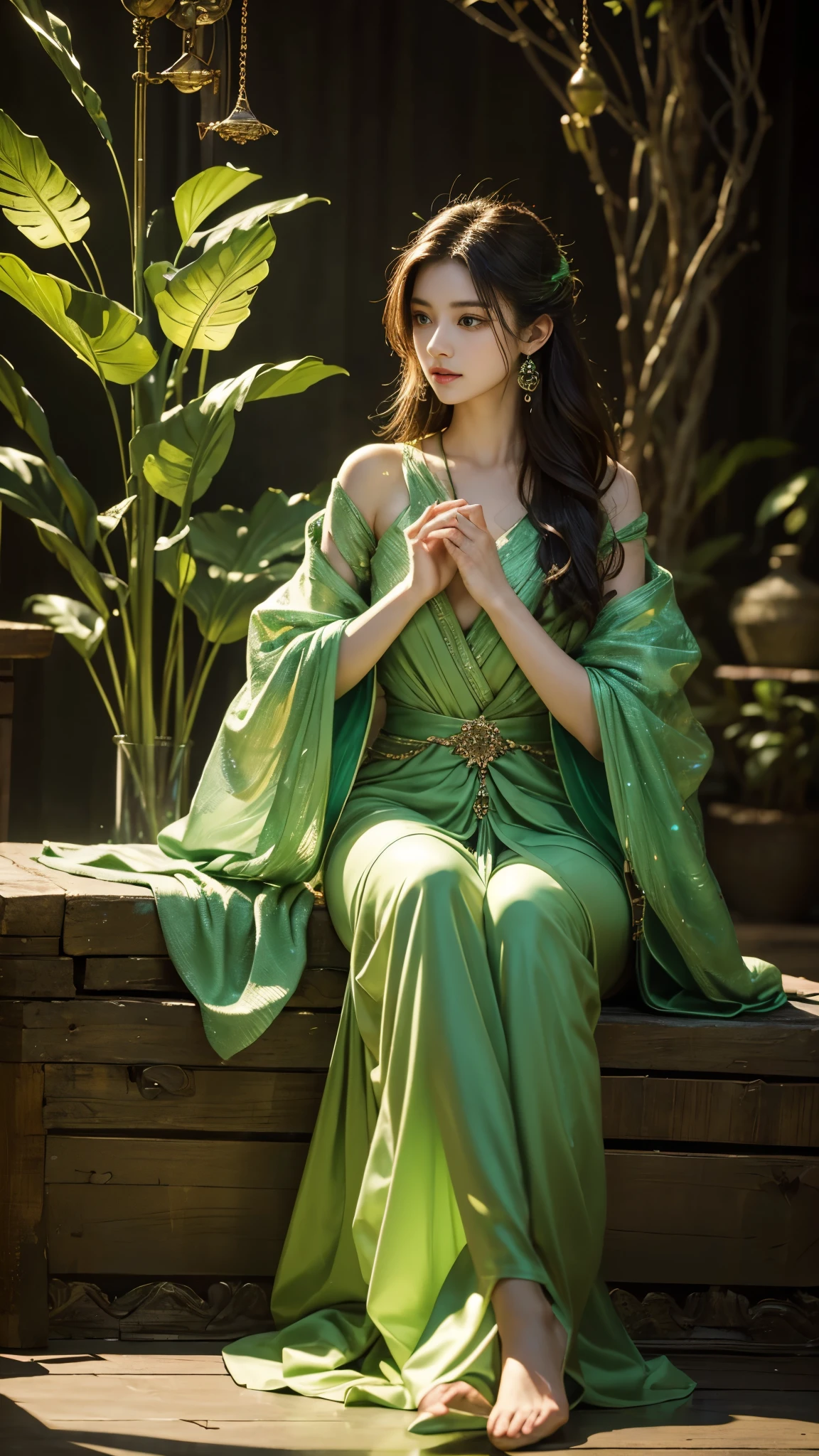 Full figure, seven -clinging shooting, 18 years old, wearing firefly clothes, exquisite faces, details, hands, ultimate details, amazing magnificence, Pedaipan style, fiber hair, glowing green firefly, glowing green firefly, sitting,