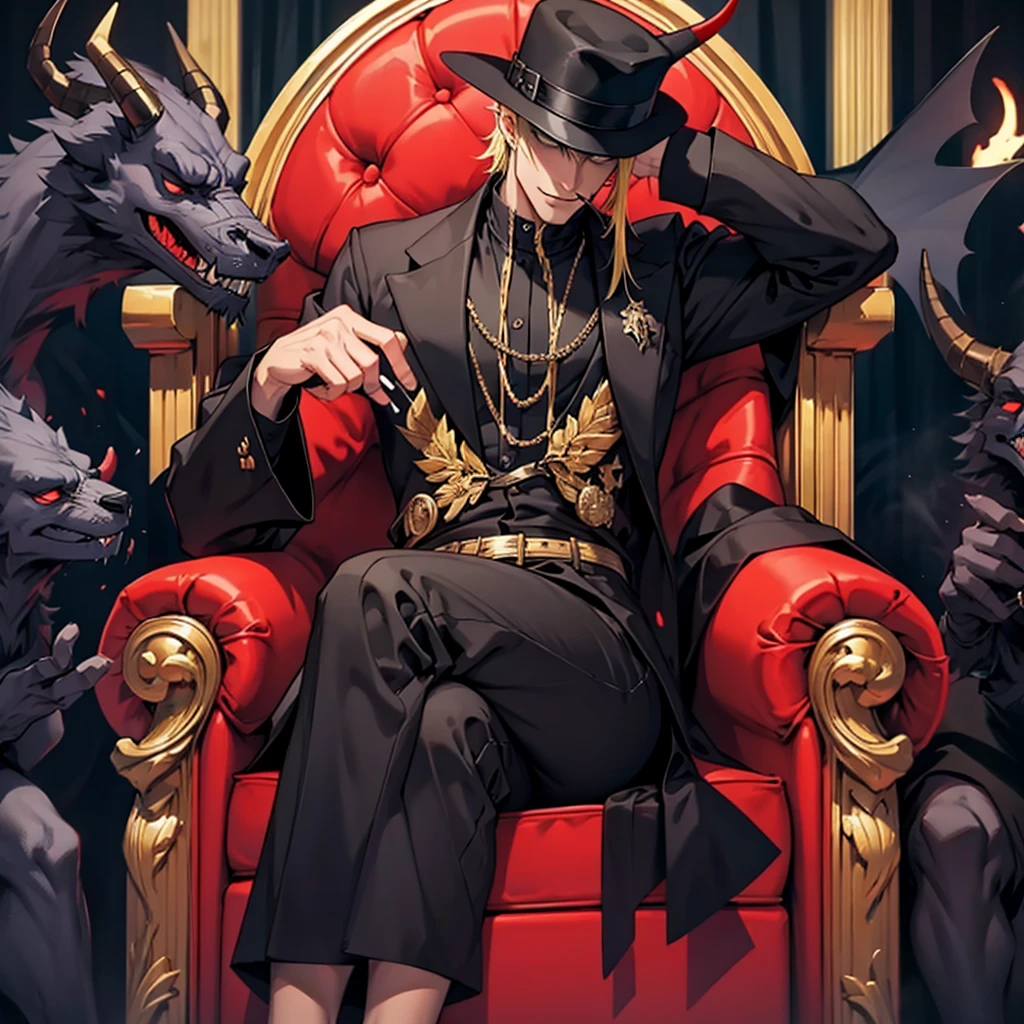 villainous black hat smoking sitting in a devil throne in hell