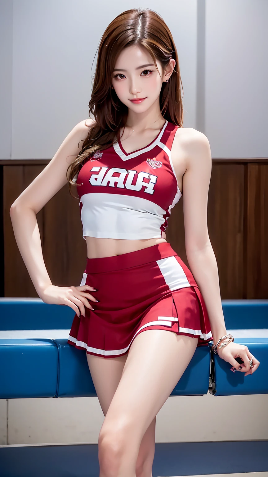 ((最high quality, 8K, masterpiece: 1.3, Ultra HD, high quality, 最high quality, High resolution, realism)) 、A very beautiful 22 year old Japanese woman、Idium Hair、Straight hair、smile、Slim but well-proportioned body、Athlete-like figure、I want to keep my head out of the screen.、Wear accessories on your wrist、Put an anklet on your ankle、Wearing red nail polish、Having a pedicure、Being a cheerleader, They dance the cheer dance、mini skirt