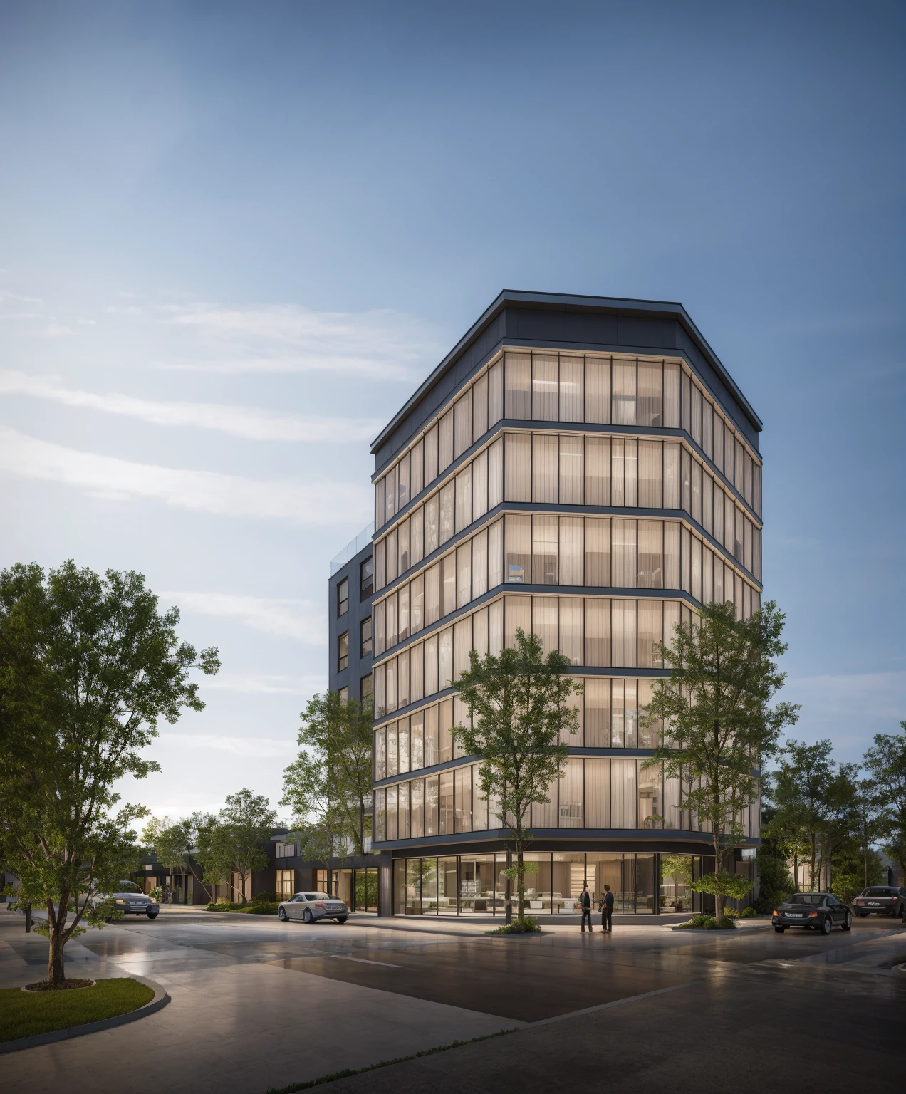 RAW photo, Exterior of white modern house, glass building, road, ((sidewalk)), ((sidewalk trees)), residences area, day time, tropical trees and plants, (high detailed:1.2), 8k uhd, dslr, soft lighting, high quality, film grain, Fujifilm XT3)