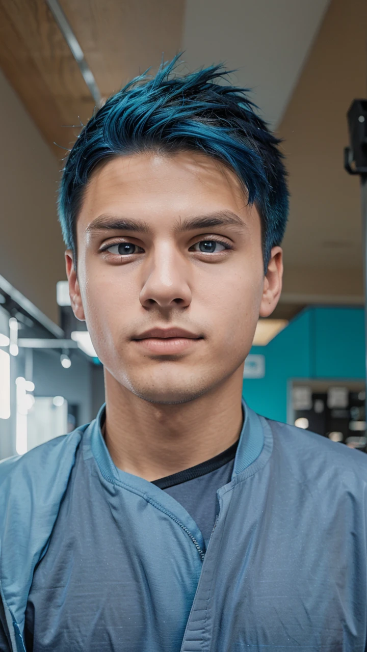create a picture of a young man with blue hair wearing a black jacket with a blue gradient with a glowing side standing in a stylish pose and a dark background with a white gradient