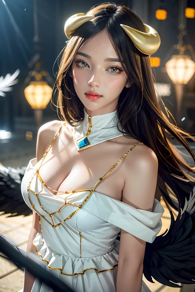 Masterpiece, Best quality, Ultra-detailed, illustration, epic lighting, Cinematic composition, isometry,(hexagons:1.2), 1girll, Horns, Solo, Yellow eyes, Black hair, Long hair, (Low wing:1.2), Large cleavage, Bare shoulders, hair between eye, Medium breasts, (White dress:1.1), Golden decoration, Detached collar, view the viewer, Semi-closed Eyes, (view the viewer:1.1), parted lip, Blush, Black feathers fall, Arena, particle fx, (8K:1.1)