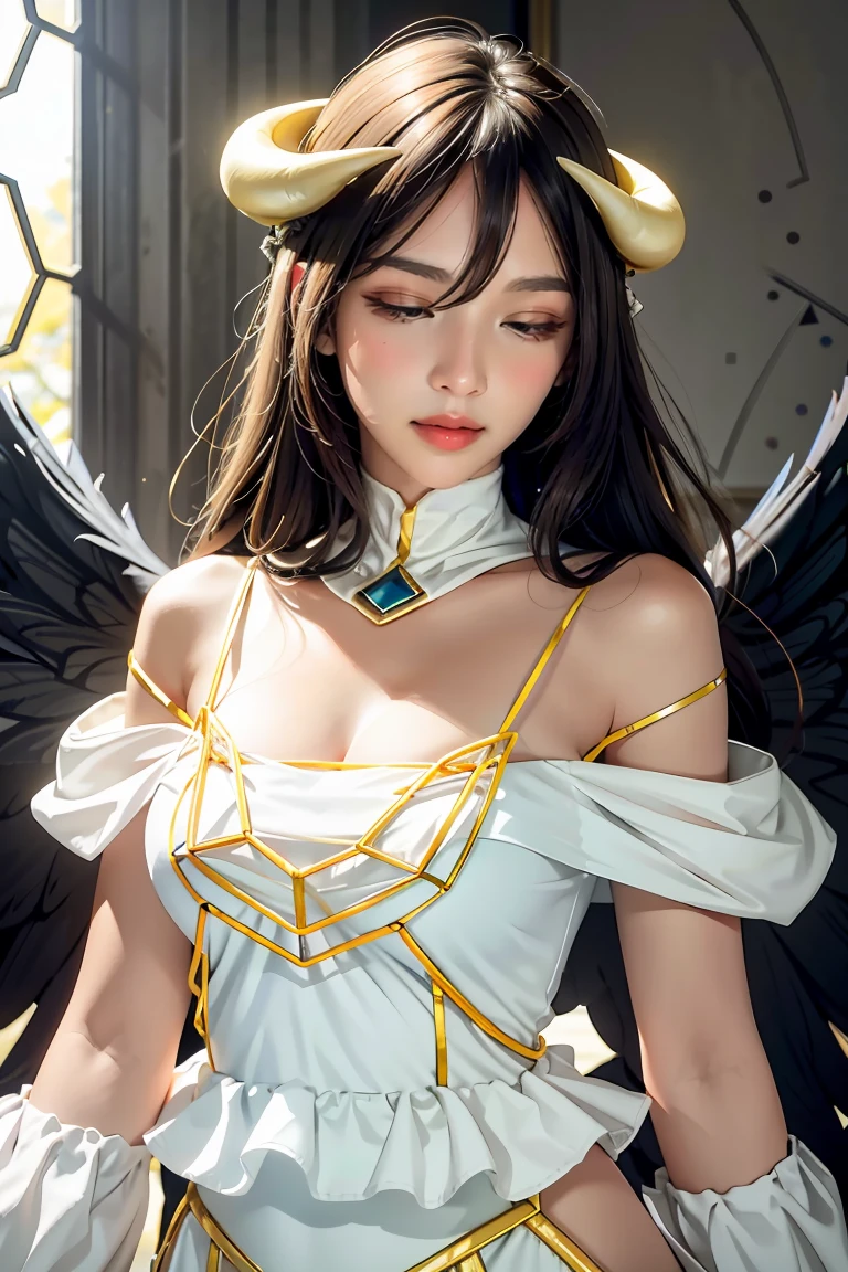 Masterpiece, Best quality, Ultra-detailed, illustration, epic lighting, Cinematic composition, isometry,(hexagons:1.2), 1girll, Horns, Solo, Yellow eyes, Black hair, Long hair, (Low wing:1.2), Large cleavage, Bare shoulders, hair between eye, Medium breasts, (White dress:1.1), Golden decoration, Detached collar, view the viewer, Semi-closed Eyes, (view the viewer:1.1), parted lip, Blush, Black feathers fall, Arena, particle fx, (8K:1.1)