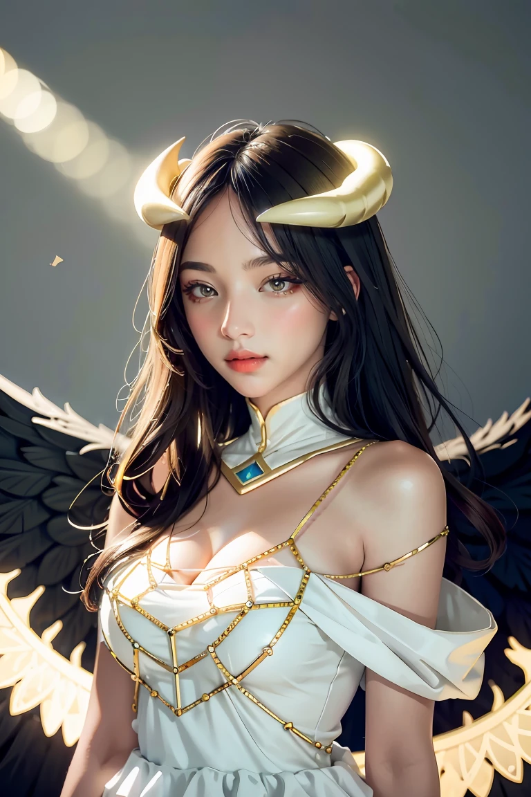Masterpiece, Best quality, Ultra-detailed, illustration, epic lighting, Cinematic composition, isometry,(hexagons:1.2), 1girll, Horns, Solo, Yellow eyes, Black hair, Long hair, (Low wing:1.2), Large cleavage, Bare shoulders, hair between eye, Medium breasts, (White dress:1.1), Golden decoration, Detached collar, view the viewer, Semi-closed Eyes, (view the viewer:1.1), parted lip, Blush, Black feathers fall, Arena, particle fx, (8K:1.1)