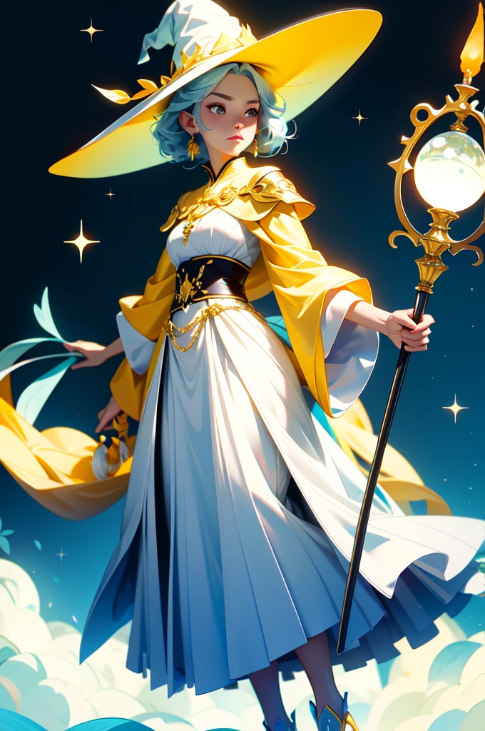 high resolution、A witch who controls light。He has a big beautiful walking stick、Offer a prayer。At a dynamic angle。yellow、Imagine the color white。