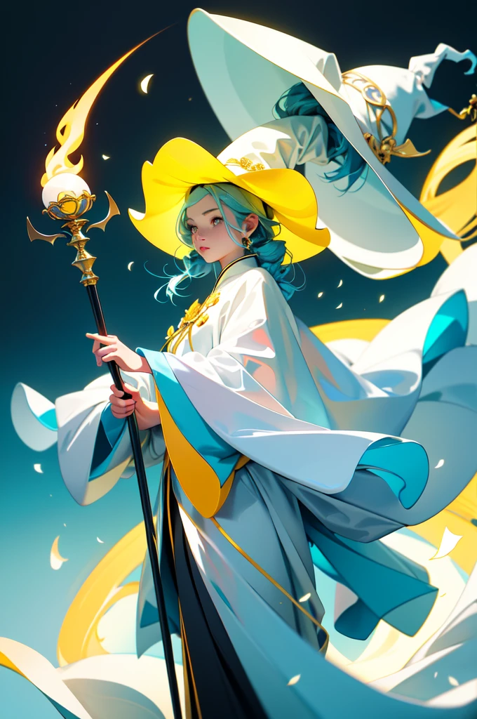 high resolution、A witch who controls light。He has a big beautiful walking stick、Offer a prayer。At a dynamic angle。yellow、Imagine the color white。
