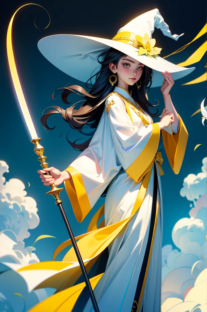 high resolution、A witch who controls light。He has a big beautiful walking stick、Offer a prayer。At a dynamic angle。yellow、Imagine the color white。
