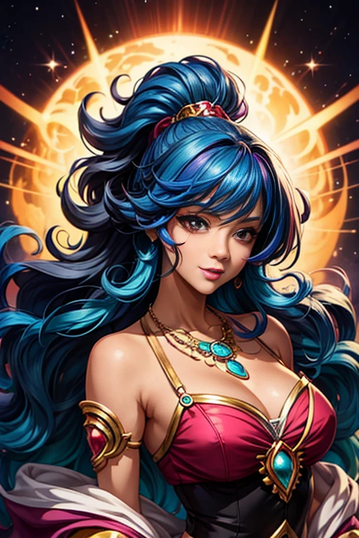 Close-up of a woman with colorfully hair and necklace, anime girl with cosmic hair, smooth vitality from Rossdraws, Gouvez style art, fantasy art style, colorfully], vibrant fantasy style, Rossdraws cartoon full of vitality, cosmic and colorfully, Guweiz, colorfully digital fantasy art, stunning art style, cute anime style, Caucasian skin, subtle
