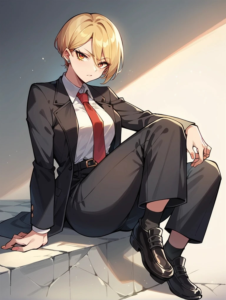 A woman wears a black suit, red tie, black long pants, leather shoes and black socks